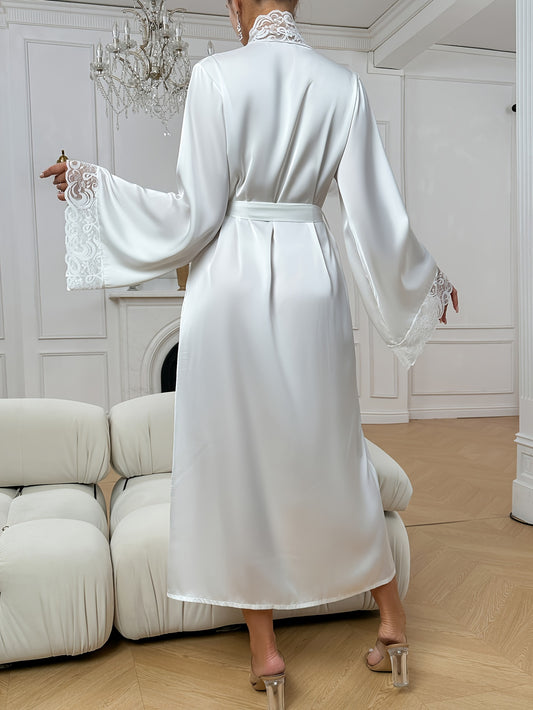 Solid Satin Lace Trim Night Robe, Elegant Bell Sleeve V Neck Robe With Belt, Women's Sleepwear & Dresses