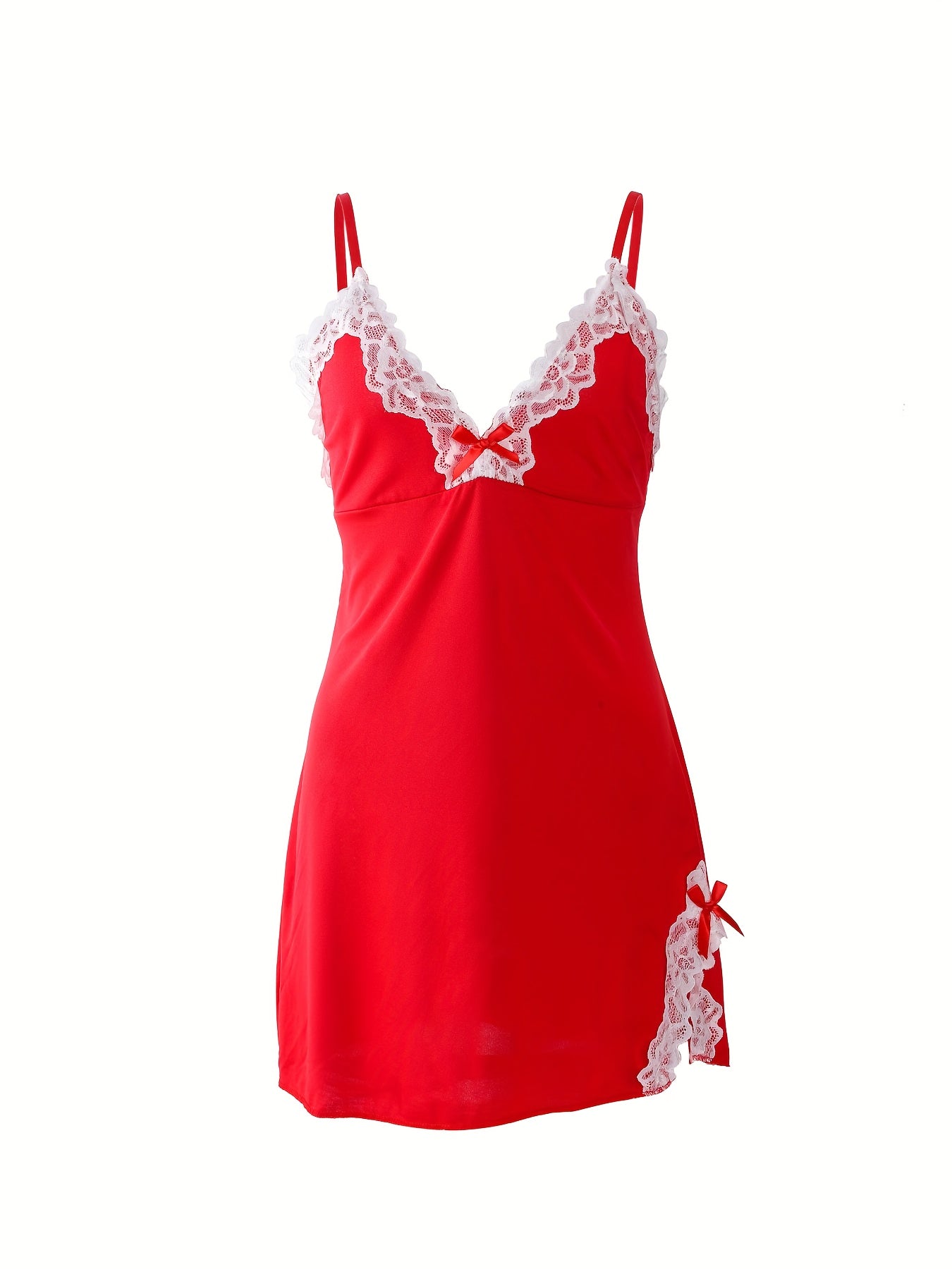 2pcs Women'S Sexy Lace Trim Nightgown Set, V-Neck Spaghetti Strap Slip Dresses with Bow Detail, All-Season Polyester 95% Spandex 5% Woven Night Dresses, Solid Color Adult Sleepwear