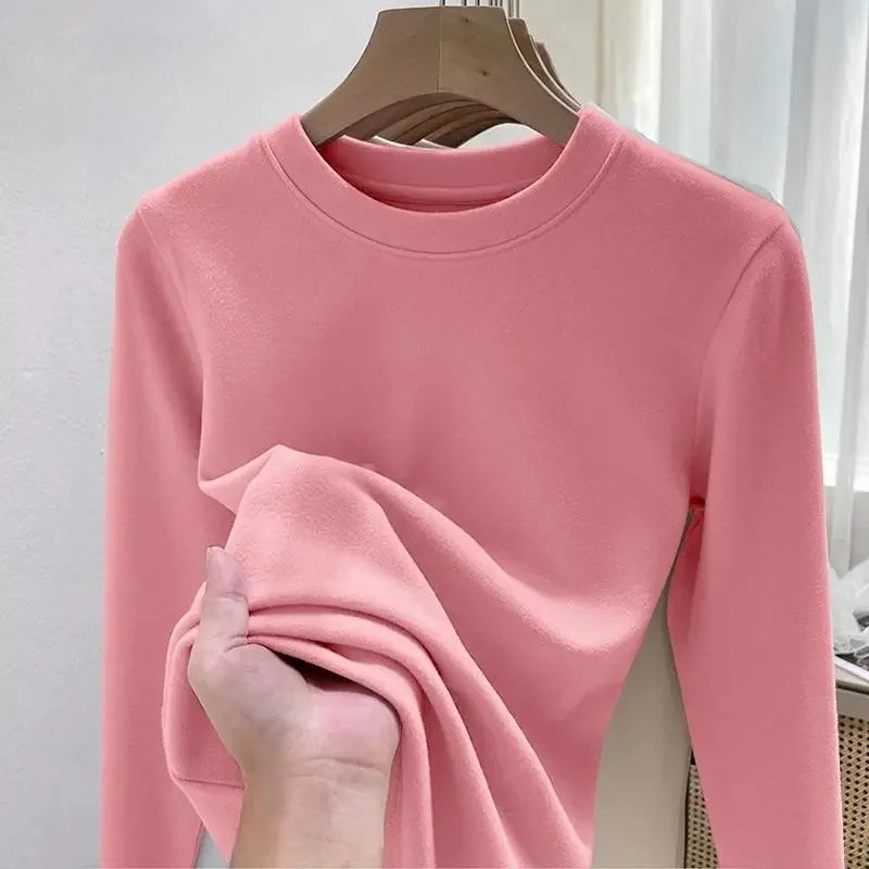 Women's Fleece Lined Long Sleeve T-Shirt Base Layer Shirt Autumn Winter New Style Slimming Versatile Inner Wear Crew Neck Top