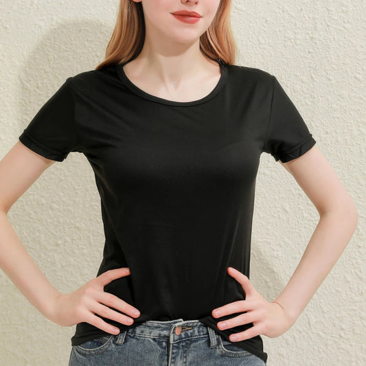 2024 Short T-Shirts Summer Women's Short Sleeve Round Neck Casual Blouse Shirts Solid Color Tops Black / White