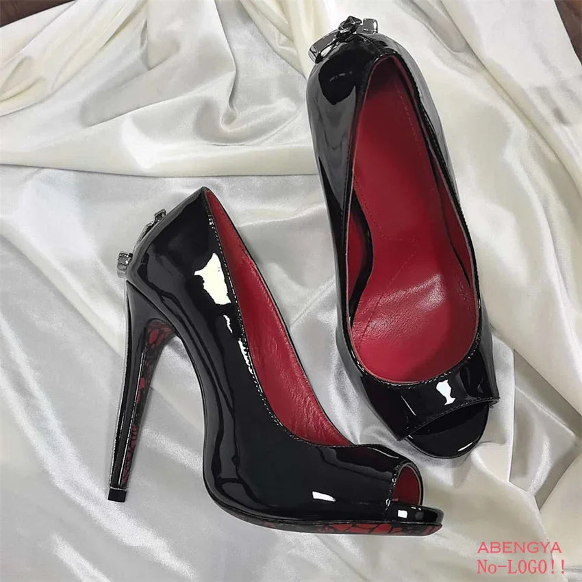2025 Hot Sale Black Leather Prom Shoes Women Pumps Metal High Heels Dress Shoes Autumn Sexy Party Banquet Shoes For Women