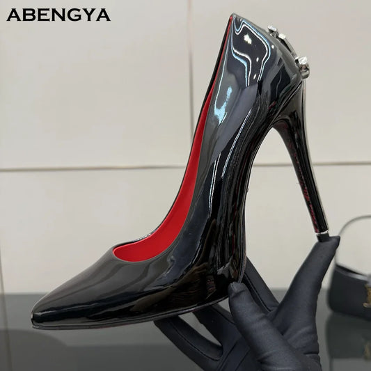 2025 Hot Sale Black Leather Prom Shoes Women Pumps Metal High Heels Dress Shoes Autumn Sexy Party Banquet Shoes For Women