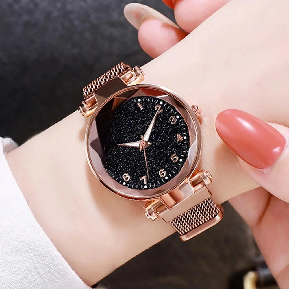 Fashionable Ladies Quartz Watch Set Simple Korean Style with Magnetic Strap Starry Sky Design Versatile Accessory for Women