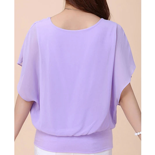 Bat Sleeve Chiffon Shirt Plus Size Wome's Off Shoulder Short Blouses Print Decor Casual Ladies Clothing Female Blusas Women Tops