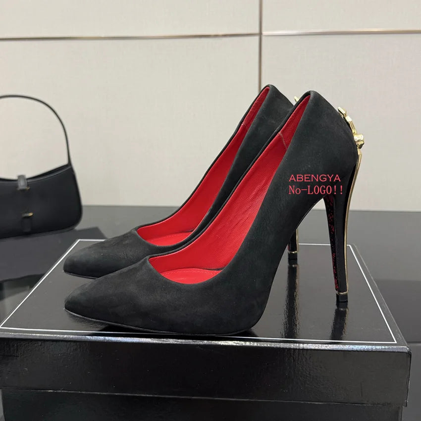 2025 Hot Sale Black Leather Prom Shoes Women Pumps Metal High Heels Dress Shoes Autumn Sexy Party Banquet Shoes For Women