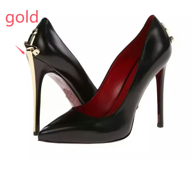 2025 Hot Sale Black Leather Prom Shoes Women Pumps Metal High Heels Dress Shoes Autumn Sexy Party Banquet Shoes For Women