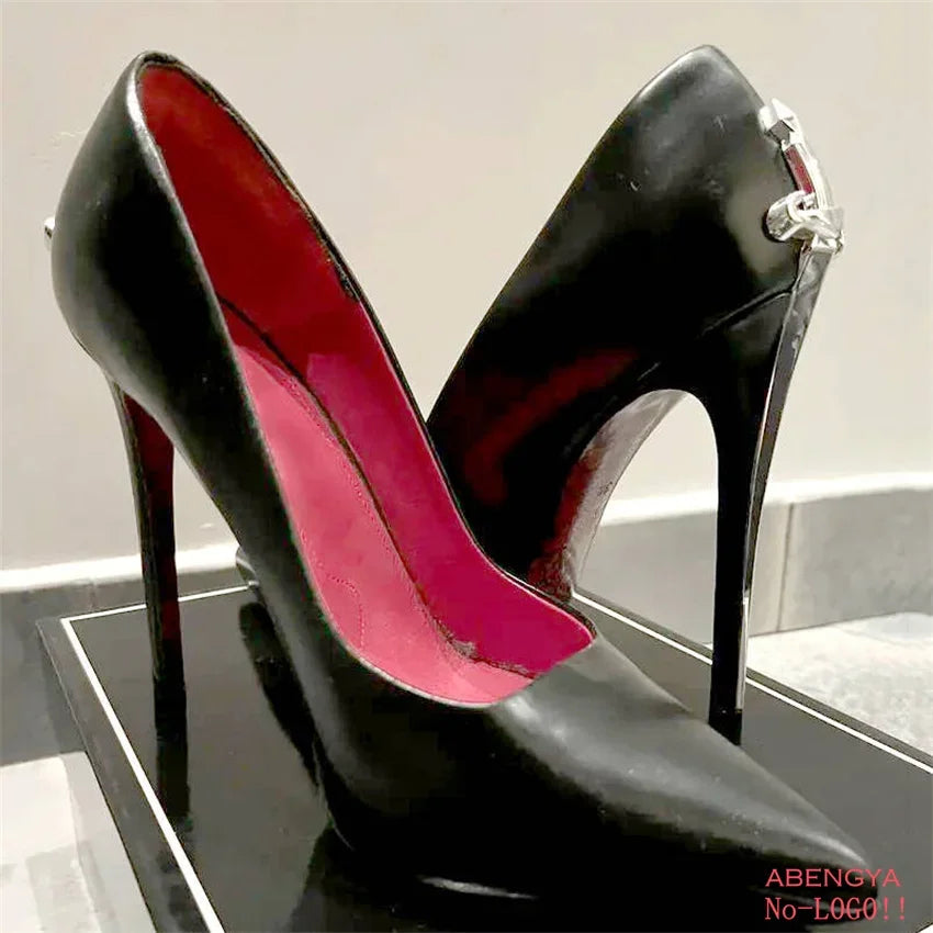 2025 Hot Sale Black Leather Prom Shoes Women Pumps Metal High Heels Dress Shoes Autumn Sexy Party Banquet Shoes For Women