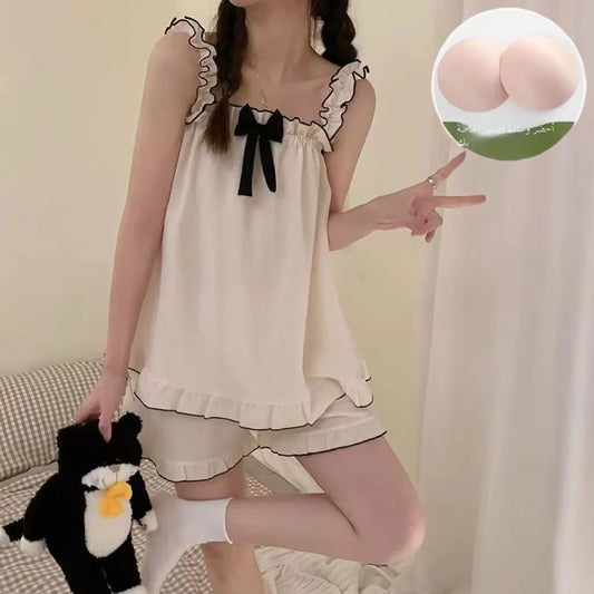Sweet Sle Women's Spwear Strap Thin Cotton Blend Home Clothes Set with Chest Pad Summer New Arrival Knot