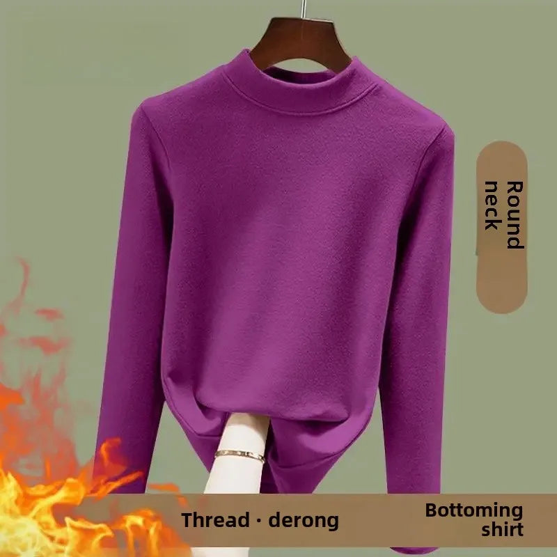 Women's Fleece Lined Long Sleeve Crew Neck Base Shirt Thermal Top Pure Color Spring Autumn Fashionable T-Shirt Polyester Fiber