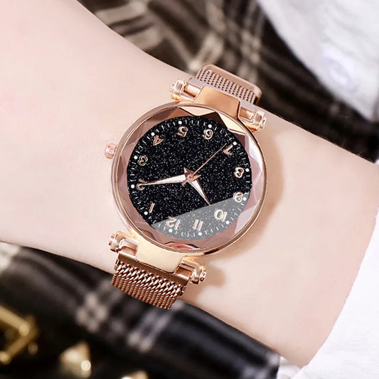 Fashionable Ladies Quartz Watch Set Simple Korean Style with Magnetic Strap Starry Sky Design Versatile Accessory for Women