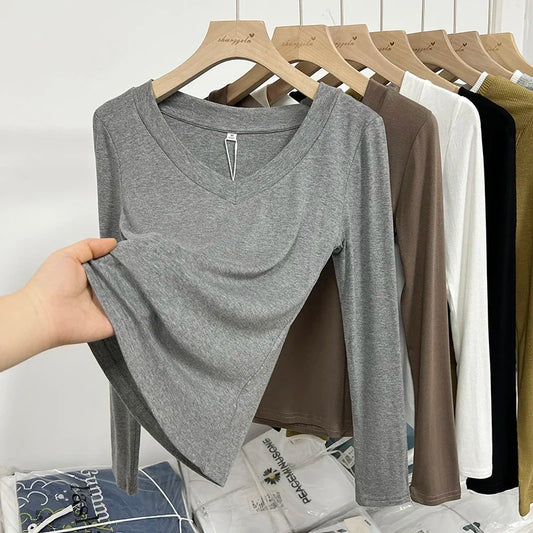 Women Solid Multi All-Match Trend Top Spring Basic Office Lady V-Neck Slim T Shirt Modal fabric Thread Long Sleeve Elastic