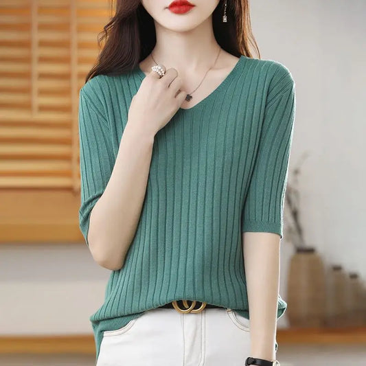 2025 New Spring Summer New Women's V-neck Short-Sleeved Exquisite Cashmere Knitted Sweater Pullover Solid Color