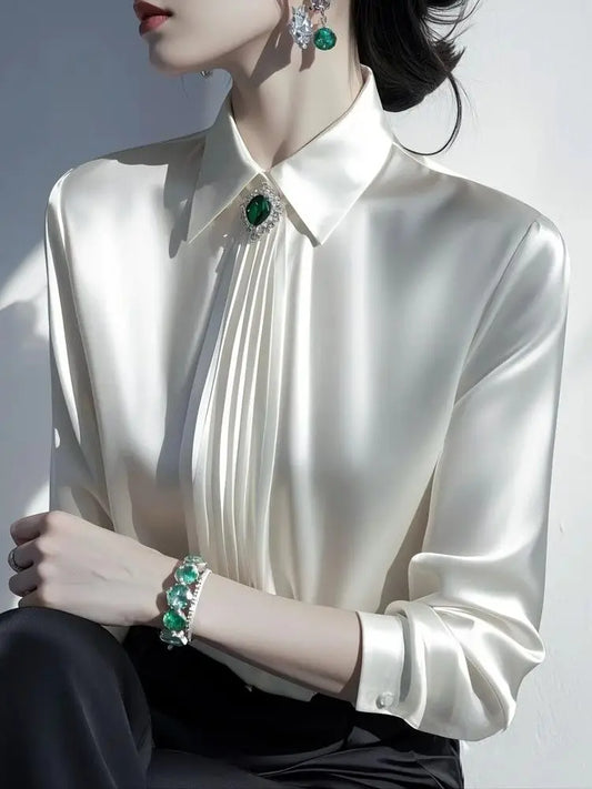 Satin Silk Blouses Women Long Sleeve Casual Blouses Autumn Spring Office Lady Casual Wear Blouses Plus Size