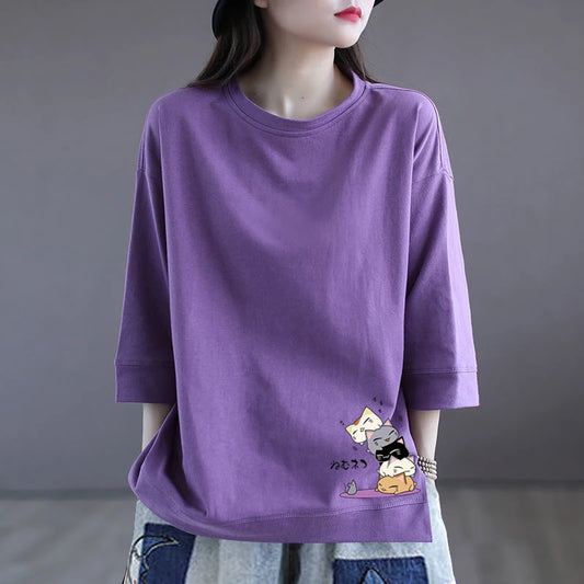 Casual Cotton T-irt Women's Summer Loose Slim Fit Faionable Seven-Quarter Sve round Ne Print Top for Commute