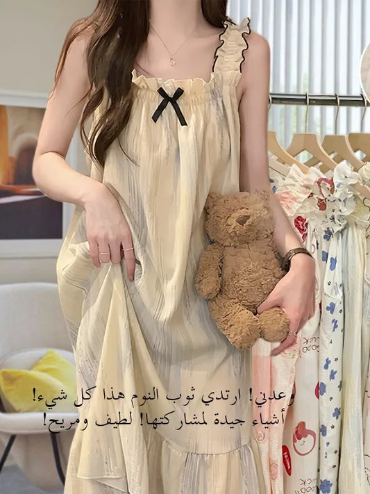 Cloud Cotton Sp Dr Women's Summer Strap Built-in Chest Pad Medium Length Thin Cute 2025 New Nightgown Home Clothes