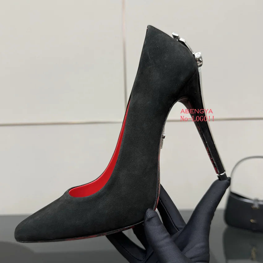 2025 Hot Sale Black Leather Prom Shoes Women Pumps Metal High Heels Dress Shoes Autumn Sexy Party Banquet Shoes For Women