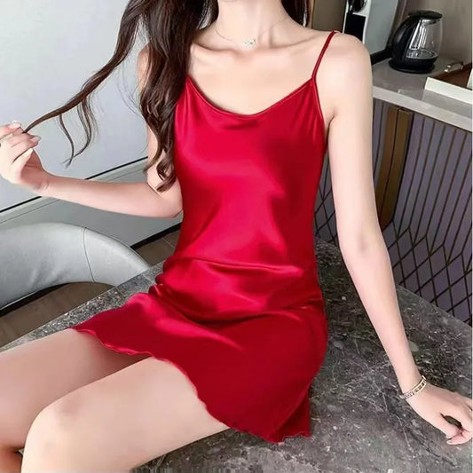 Oversize Satin Nightgown Sexy Woman Nightie Spaghetti Strap Nightdress Short Sleeveless Sleepwear Nightwear