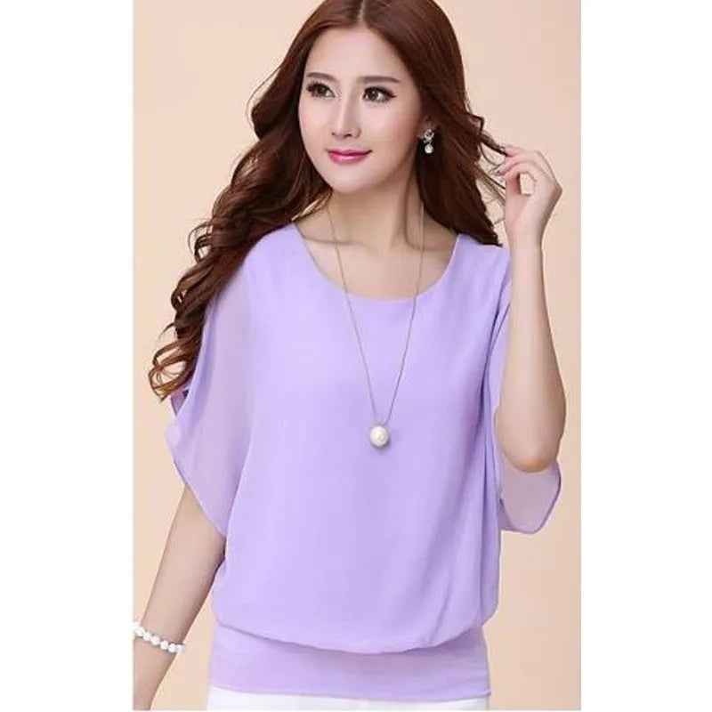 1pcs Summer Batwing Sleeve Chiffon T-Shirt Loose-Fit Women's Clothing Base Layer Top Fashionable Lady Plus Size Short Sleeves