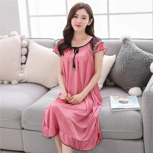 Long Ice Silk Sleep Dress Short Sleeve Women's Nightgown Home Clothes plus Size Simulated Silk Summer Sleepwear Robe