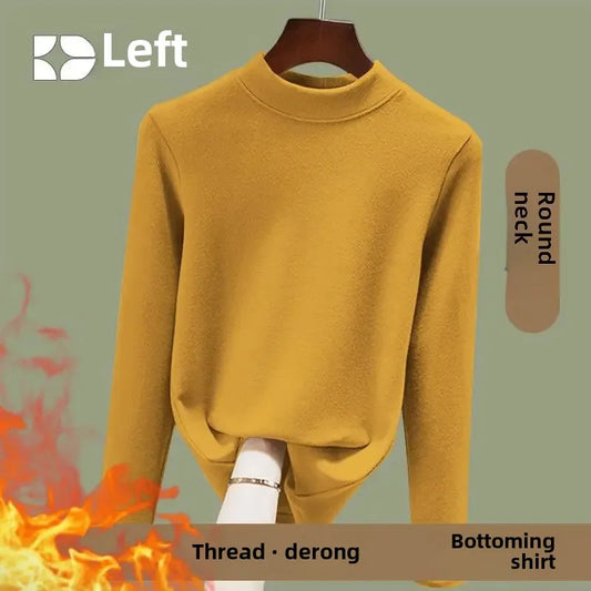 Women's Fleece Lined Long Sleeve Crew Neck Base Shirt Thermal Top Pure Color Spring Autumn Fashionable T-Shirt Polyester Fiber