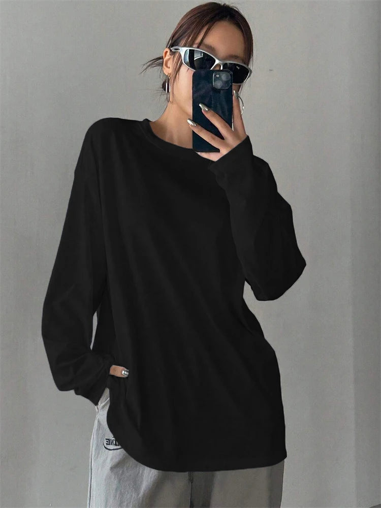 Women Basic Long Sleeve Loose O-neck T-shirt Autumn Winter Solid Color Tee Top Streetwear