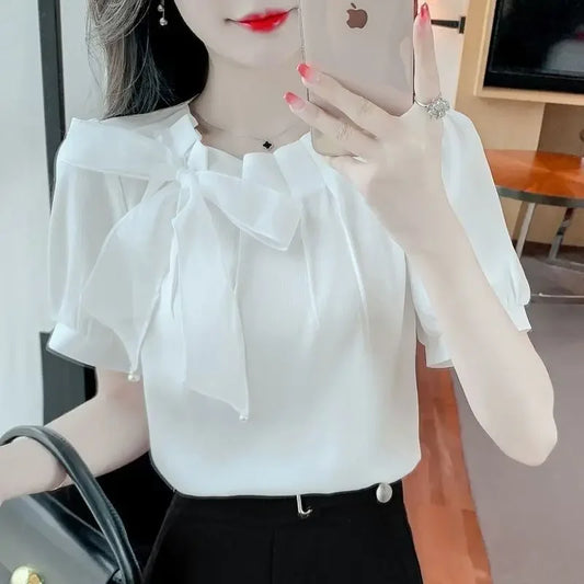 Summer New Elegant Korean Style Round Neck Ruffles Bow Short Sleeve Chiffon Blouse For Women Beautiful Sweet Little Blouse
