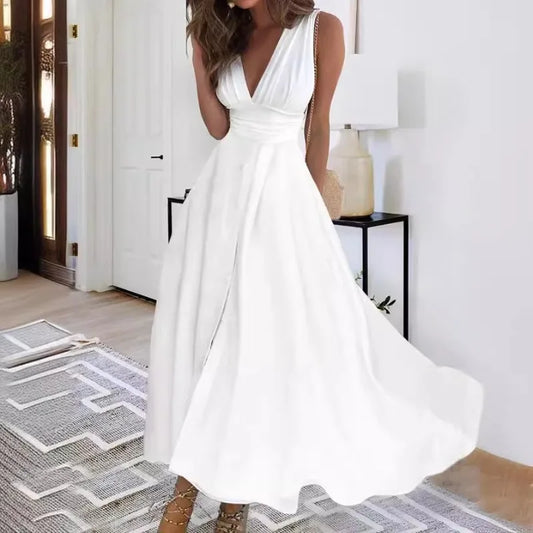 Women'S Fashion Casual Dresses Spring And Summer Solid Color Sleeveless V Neck Side Zipper Style Long Dress Elegant Sundress