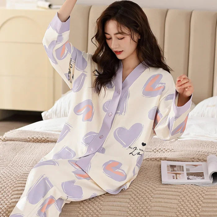 Women's Spring Autumn Long Sleeve Cotton-Like Kimono Loose-Fit V-Neck Sleepwear Sweet Home Clothes Korean Style Outer Wear