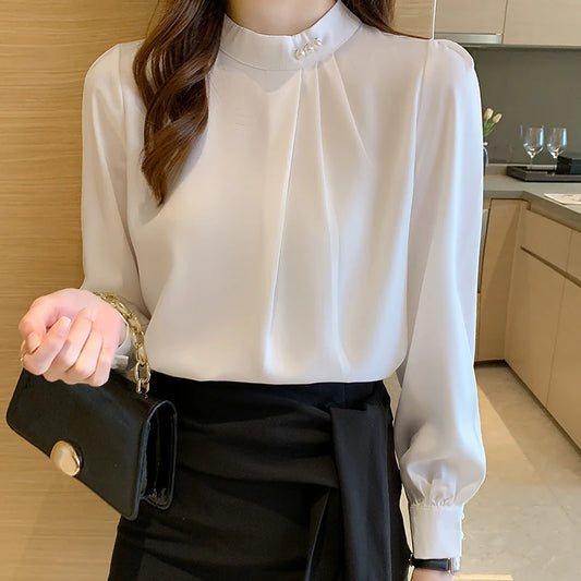 Spring Autumn Satin Women's Blouses 2025 New Long Sleeve Beading Solid Stand Collar Workwear Office Lady Elegant Shirt Female