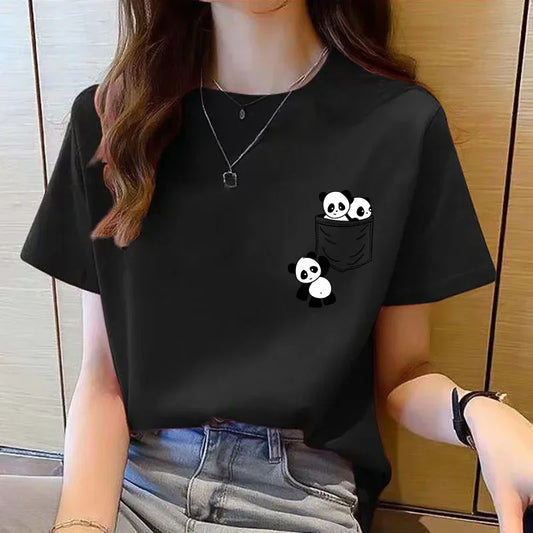 Women Short Sleeve Top Summer New Pocket Panda Cartoon Printed T-shirt Korean Fashion Women Tops Loose Round Neck T Shirt Women