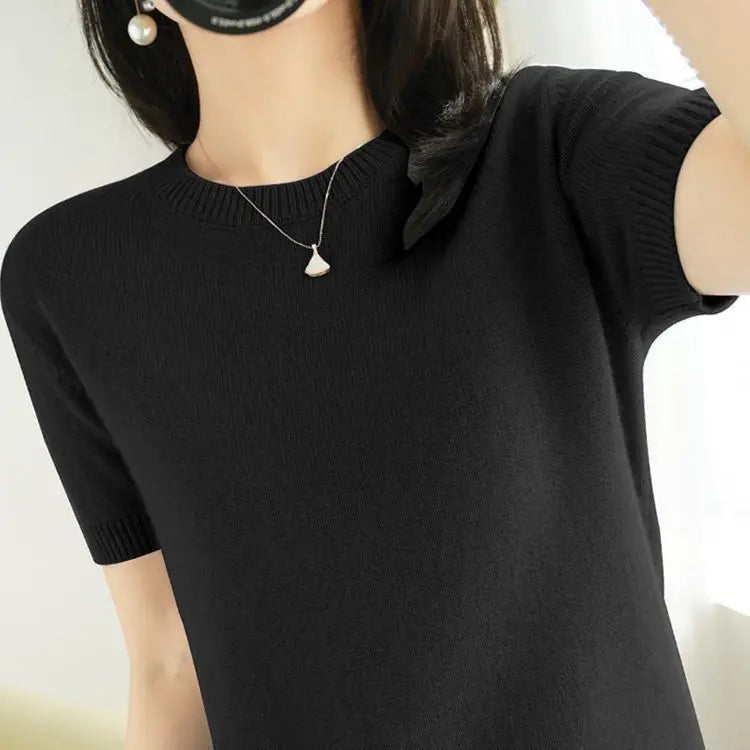 Women Clothing Elegant Fashion O-neck Half Sleeve T-shirts Spring Summer Casual All-match Solid Undershirt Office Lady Knit Tops