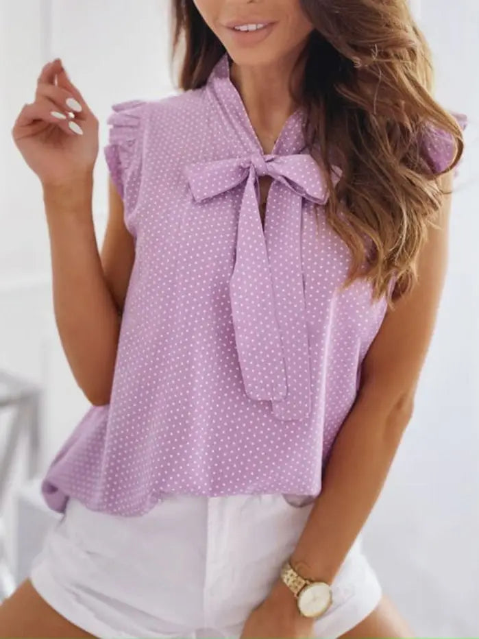 Women Summer Elegant Ruffles Sleeveless Polka Pot Lace Up Tie Bow Blouses and Shirts Casual Oversize Tops Sexy Pullover Tunic