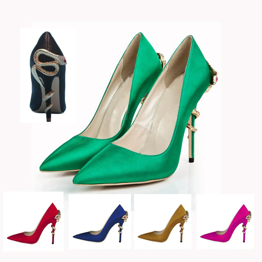 Metal Rhinestone Winding Snake Heels Pumps Women Pointed Toe Stiletto Heel Slip On Satin Pumps 2025 New Sexy Party Catwalk Pumps
