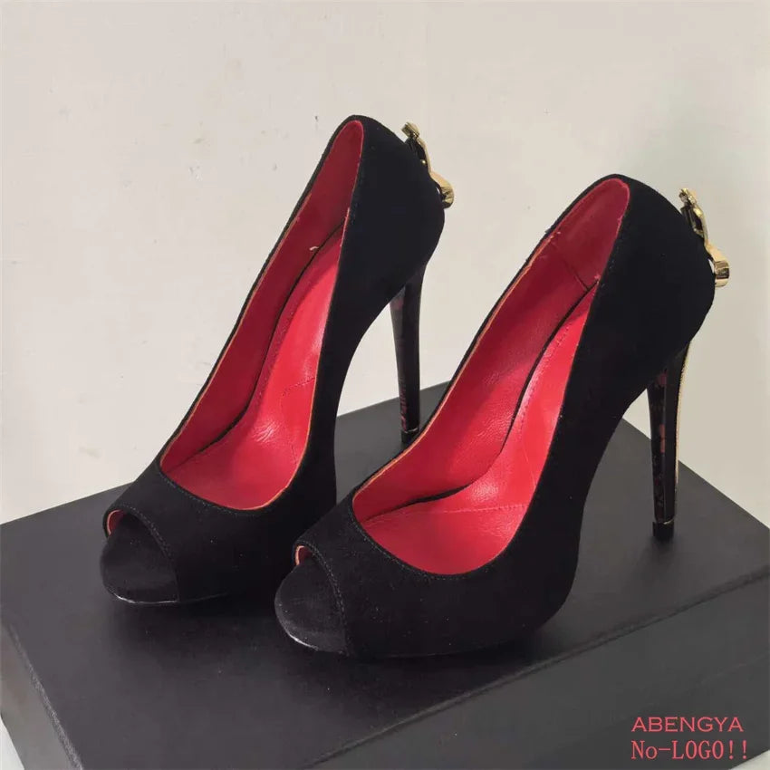 2025 Hot Sale Black Leather Prom Shoes Women Pumps Metal High Heels Dress Shoes Autumn Sexy Party Banquet Shoes For Women