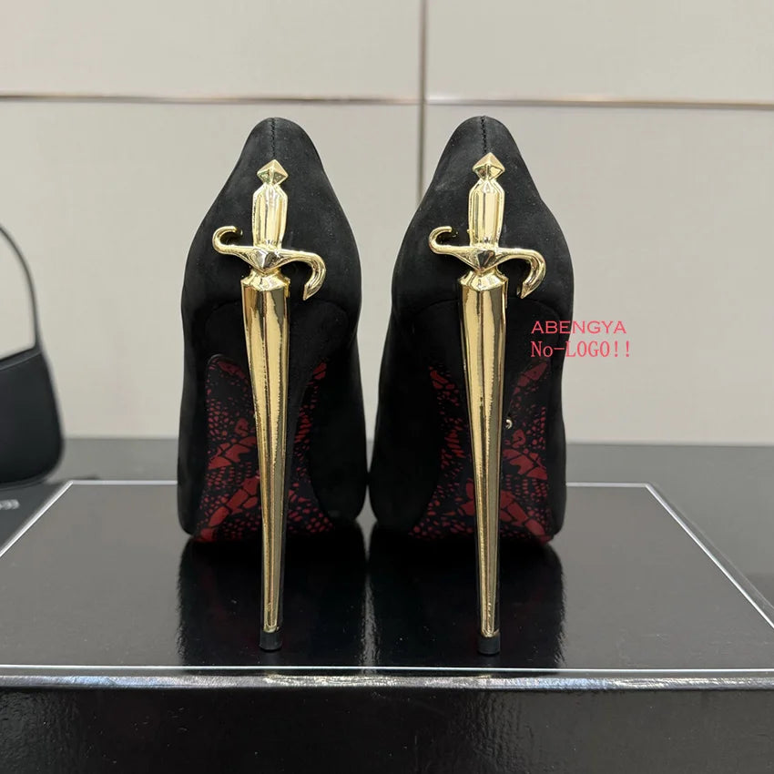 2025 Hot Sale Black Leather Prom Shoes Women Pumps Metal High Heels Dress Shoes Autumn Sexy Party Banquet Shoes For Women