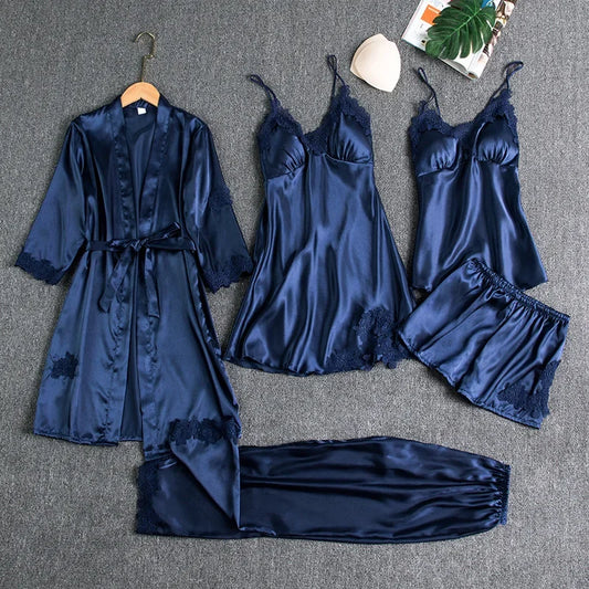 Sexy Summer Ice Silk Long Sleeve Thin Home Clothes Set for Women V-Neck Sleepwear plus Size Bath Robe Included Five-Piece Set