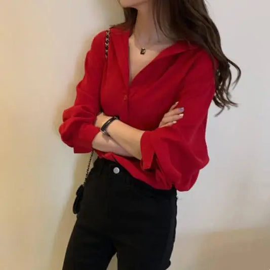 Women's Chiffon irt Long Sve Trendy Autumn plus Size Red Color 2024 New Year Faion Top Collar Button down T-irt