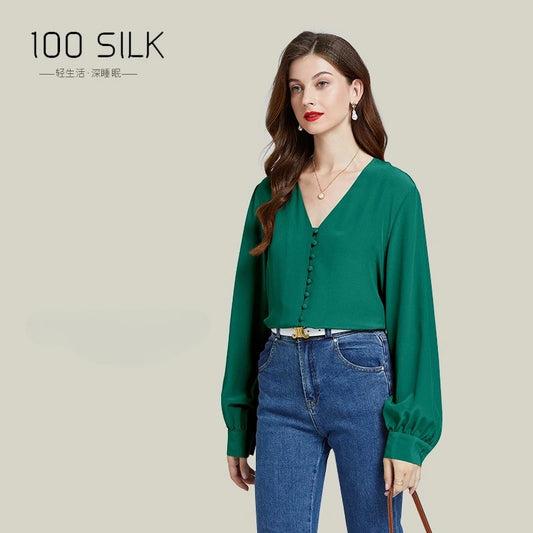 Spring and Autumn New 100% Mulberry Silk Shirt Double Crepe Office Lady Work Shirt Long Sleeve Heavy 18mm Silk Shirt Women