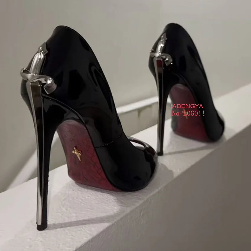 2025 Hot Sale Black Leather Prom Shoes Women Pumps Metal High Heels Dress Shoes Autumn Sexy Party Banquet Shoes For Women