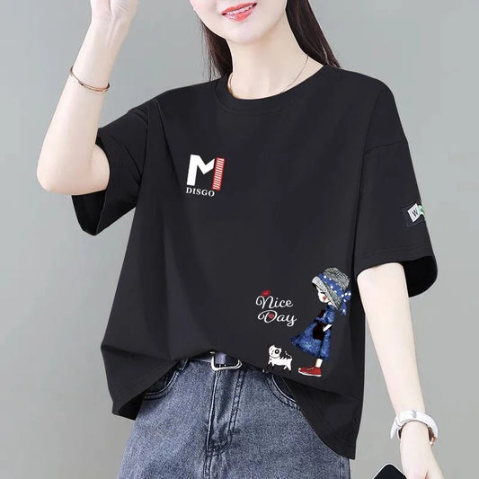 00% Pure Cotton ort Sve T-irt Women's Summer Faion Loose Sli Age-Defng Versatile Top Korean Sle Print Design