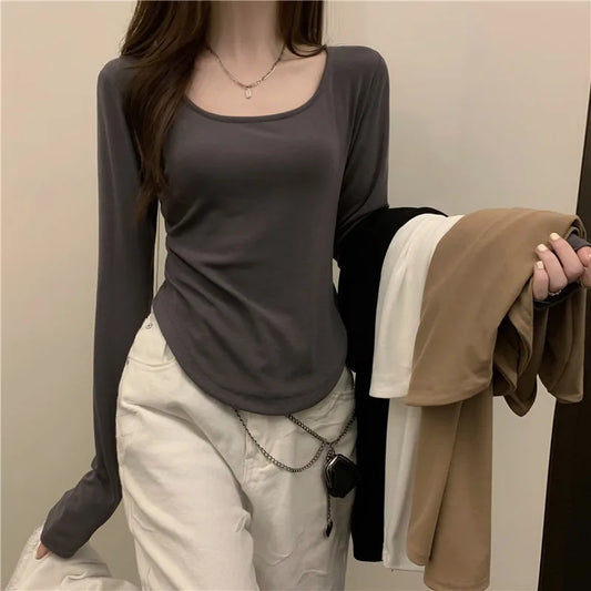 Square Neck Long Sleeve T-Shirt Women Spring Autumn New Irregular Hem Slim Casual Top Winter Solid Bottom Shirts New Korean