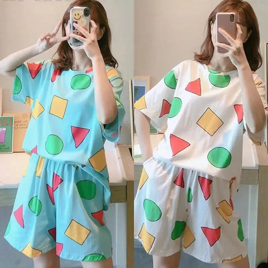 Short-Sleeved Pyjamas Women's Summer Cartoon Cute Geometric Nightwear Homewear Casual Pullover Shirt Ladies Sleepwear Loungewear