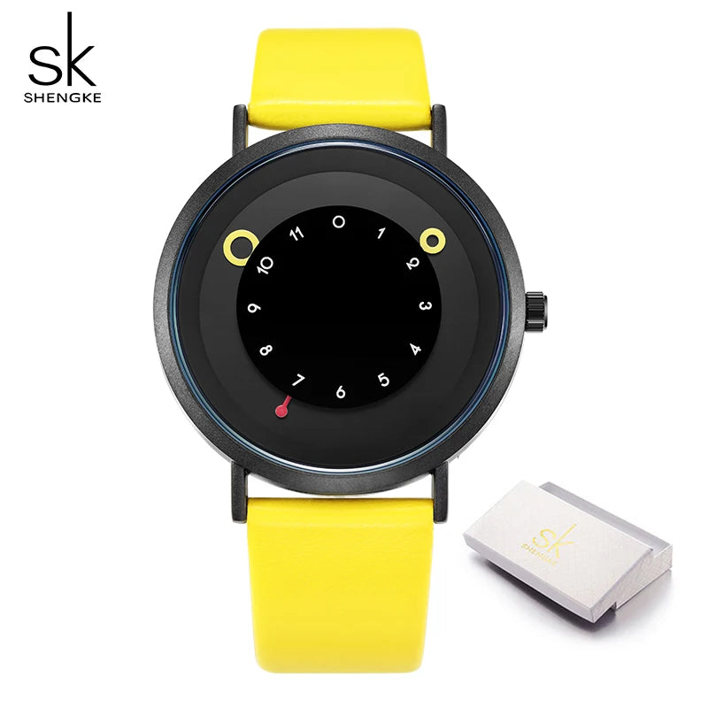 Shengke Women Creative Wristwatch Ladies Watches Yellow Leather Band Best Gifts Wristwatches Clock Montres Femme Reloj Mujer
