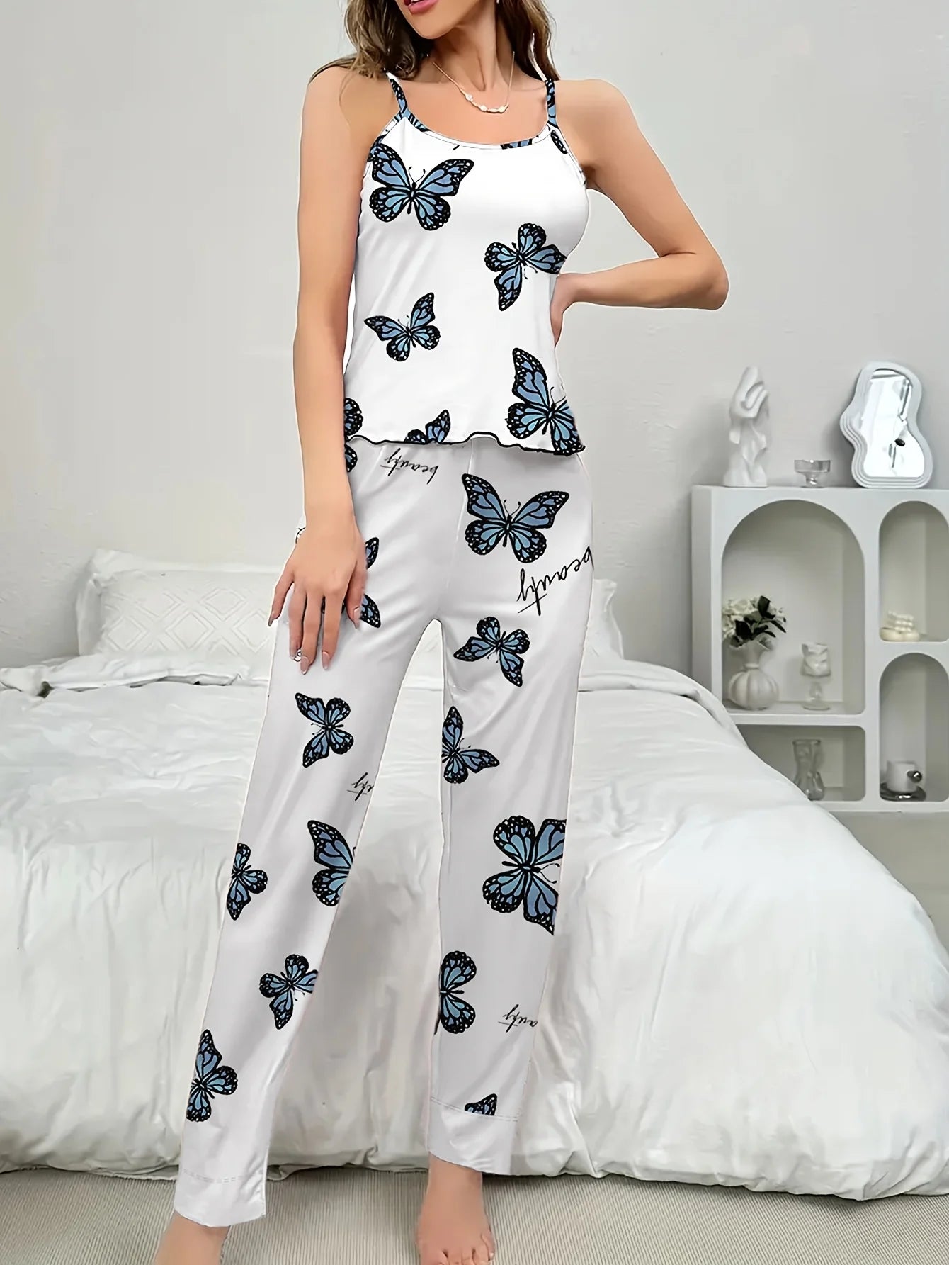 Women's Four-Season Camisole with Blue Butterfly Print, Romantic Atmosphere Pajamas, Pastoral Style Sexy Ins Pajama Set for Women