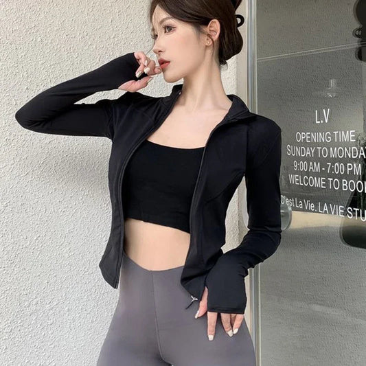 2025 New Slim Fit Long Sleeve T Shirt Women Wild Zipper Up Waist Slimming Yoga Tshirt Woman Tight Stand Collar Crop Tops Female
