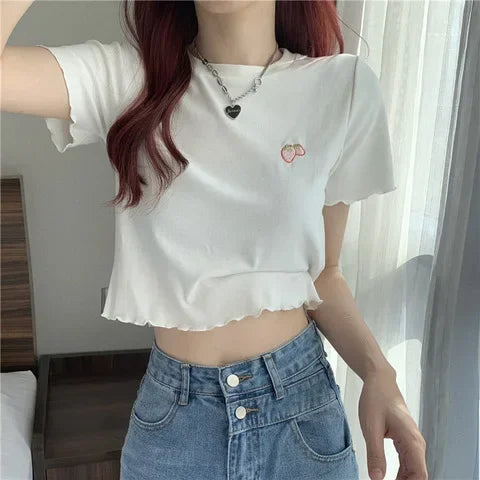 Sweet Spicy Short Crop Top T-Shirt Women's Pink Short Sleeve BM Style Summer Fashion Small Size Female Clothing Polyester Fiber
