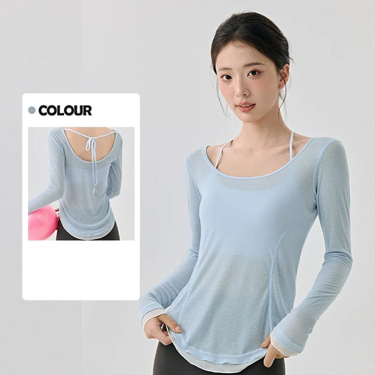 Women fitness gym Yoga Tops Lightweight Breathable Sexy Backless Long-sleeved sports tops Cover-up T-shirt Women's clothing