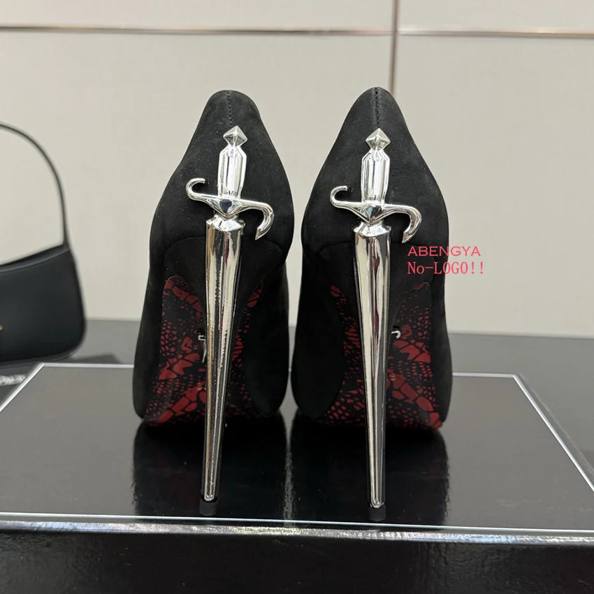 2025 Hot Sale Black Leather Prom Shoes Women Pumps Metal High Heels Dress Shoes Autumn Sexy Party Banquet Shoes For Women