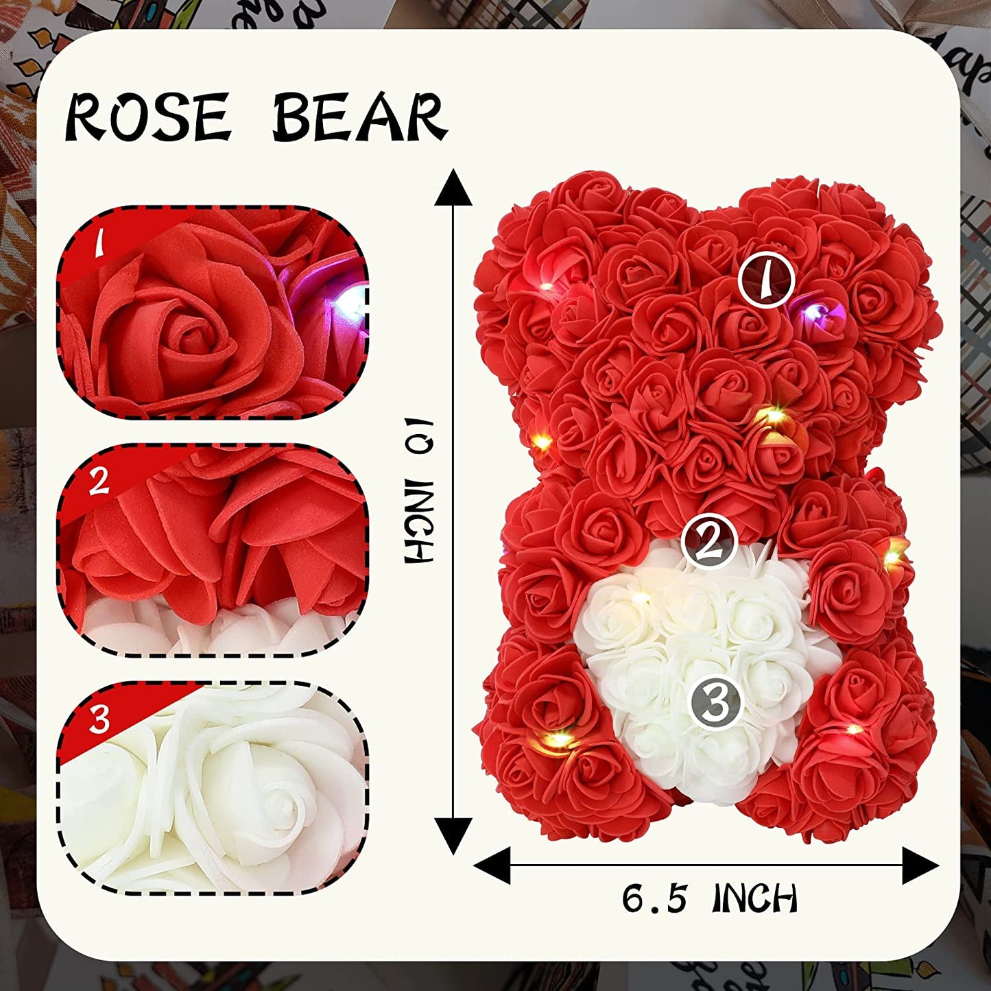 Gifts for Mom,Rose Bear, Rose Teddy Bear, Rose Flower Bear, Gifts for Girlfriends, Gifts for Women, Unique Gifts, Birthday Gifts - 10 Inch Clear Gift Box (Red)
