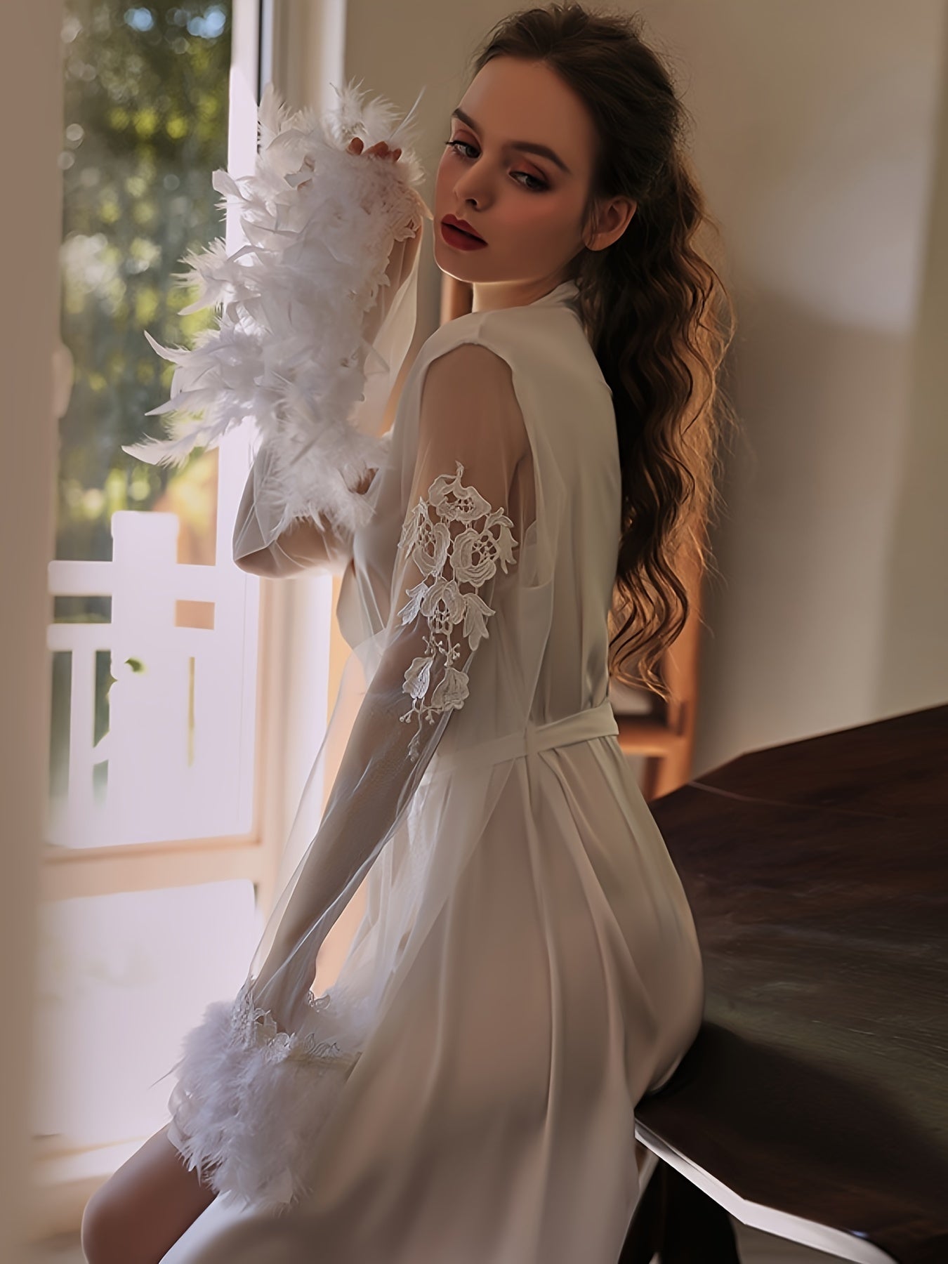 Luxurious Feather Pattern Long Sleeve V Neck Night Robe - Women's Sleepwear & Dresses - Elegant Solid Stitching Mesh Design, Belted Waist, Soft Comfortable Fabric for Relaxation